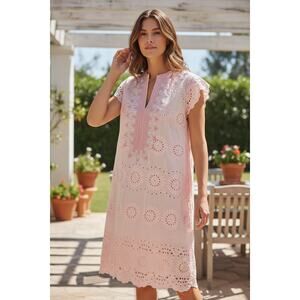 Calypso St. Barth Blush Eyelet Midi Dress 100% Cotton Size XS Cap Sleeves